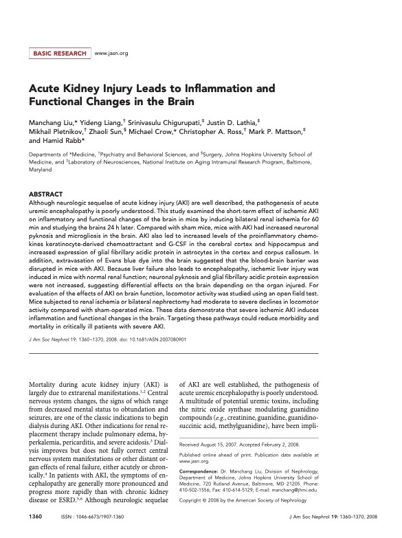 Acute kidney injury leads to inflammation and functional changes in the brain