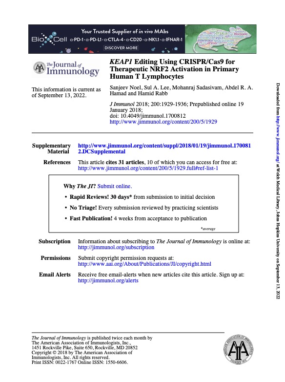 KEAP1 Editing Using CRISPR/Cas9 for Therapeutic NRF2 Activation in Primary Human T Lymphocytes