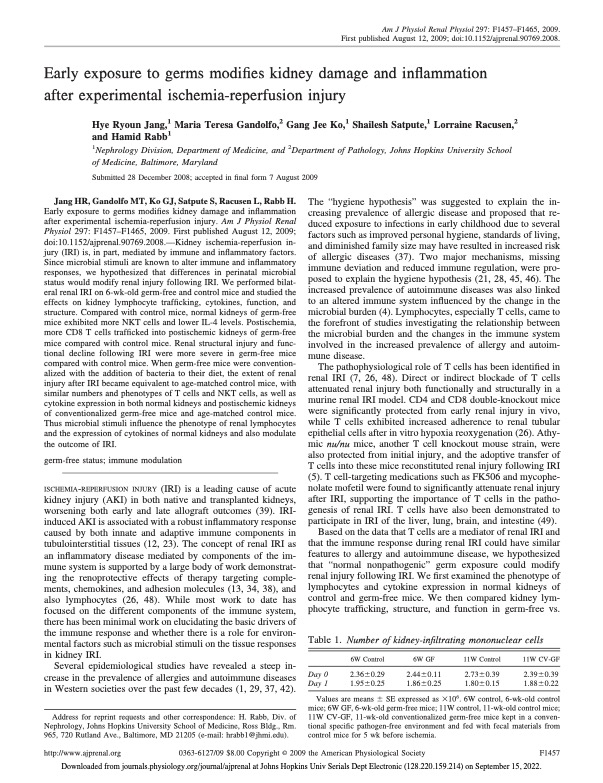 Early exposure to germs modifies kidney damage and inflammation after experimental ischemia-reperfusion injury